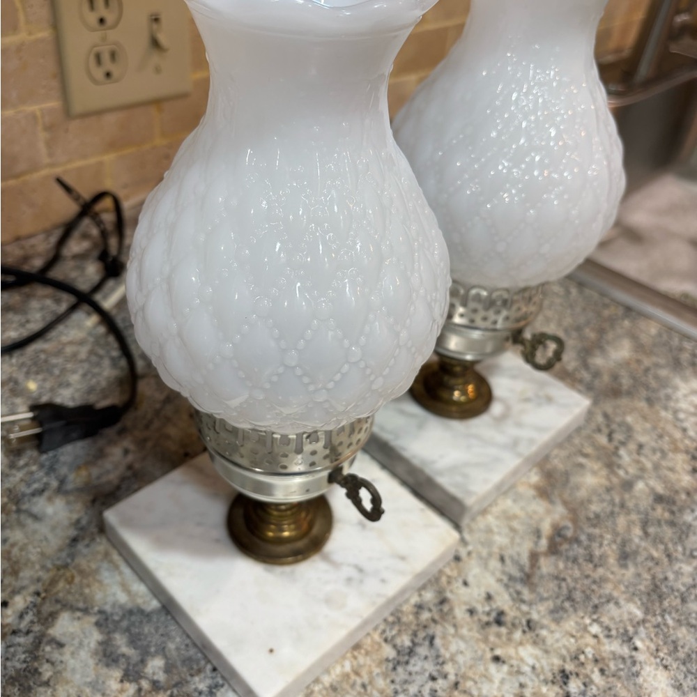 Pair of Vintage 1950's White Milk Glass Table Lamps with Marble Bases